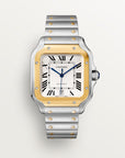 Cartier Santos Large 47.5 mm x 39.8 mm Yellow Gold Silver Dial Steel Bracelet W2SA0009 - WATCHXNYC