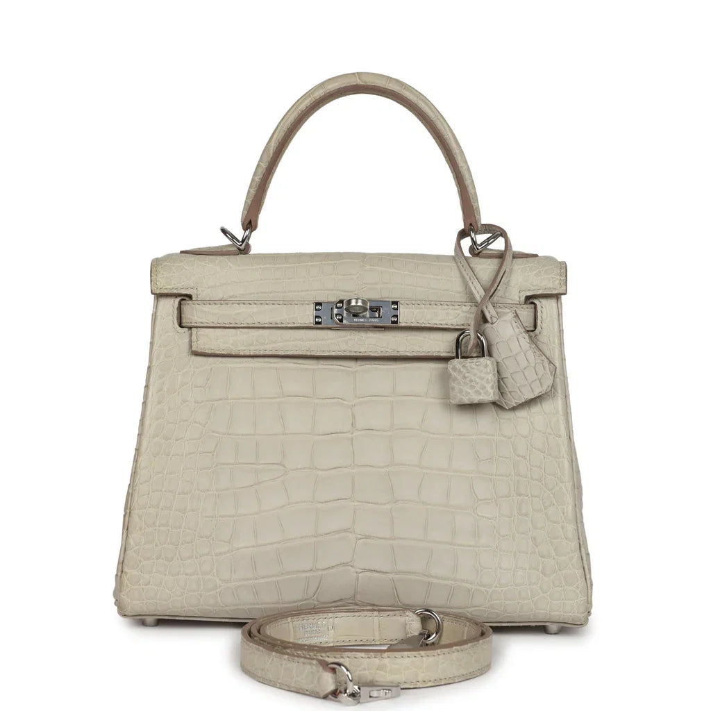 HERMES Kelly 25 Matt Alligator Beton Palladium Hardware - WATCHXNYC