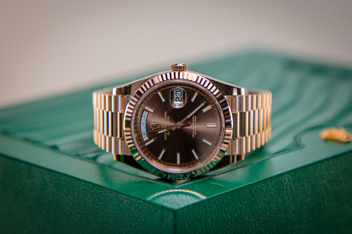Rolex Oyster 40 mm Chocolate Set With Diamonds Dial 18 kt Everose Gold President, Semi-Circular Three-Piece Links 228235-0003 - WATCHXNYC
