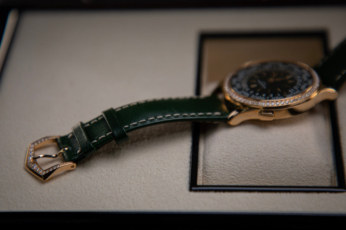 Patek Philippe Complications World Time Olive Green Dial Rose Gold Diamond Case   Green Strap 36 mm 7130R-014 - WATCHXNYC