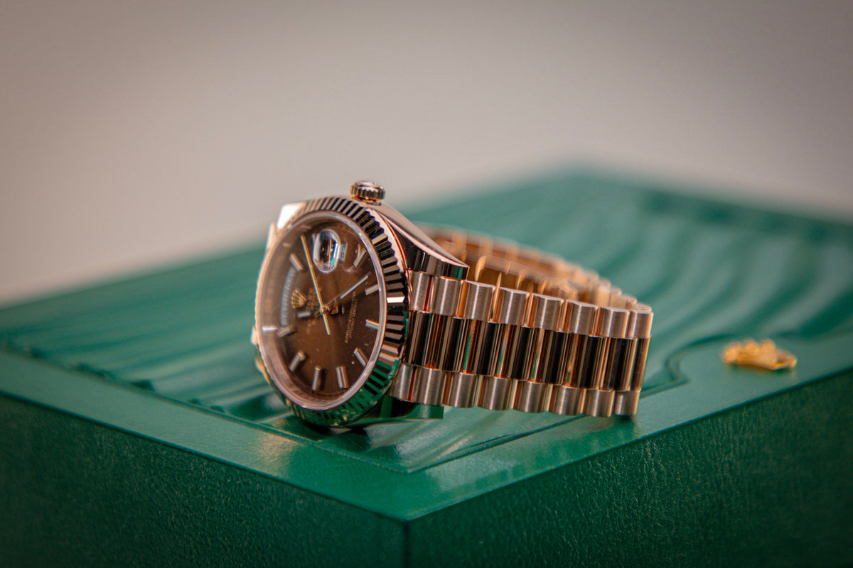 Rolex Oyster 40 mm Chocolate Dial 18 kt Everose Gold President, Semi-Circular Three-Piece Links 228235-0053 - WATCHXNYC
