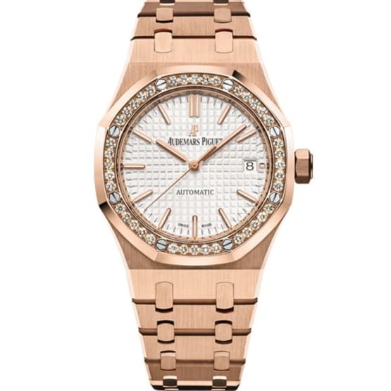 Audemars Piguet Royal Oak 37mm Textured White Dial Rose Gold Diamond Bracelet 15451OR.ZZ.1256OR.01 - WATCHXNYC