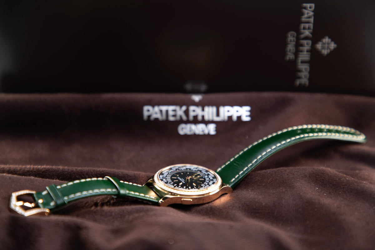 Patek Philippe Complications World Time Olive Green Dial Rose Gold Diamond Case   Green Strap 36 mm 7130R-014 - WATCHXNYC