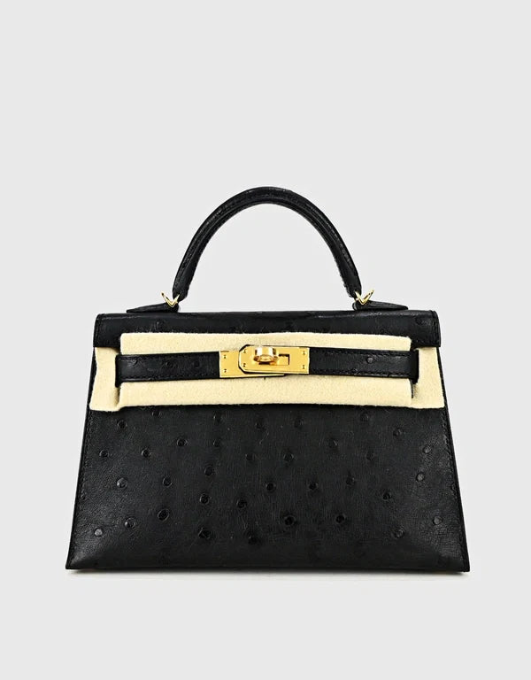 HERMES Mini Kelly 20 Ostrich Black Gold Hardware - WATCHXNYC