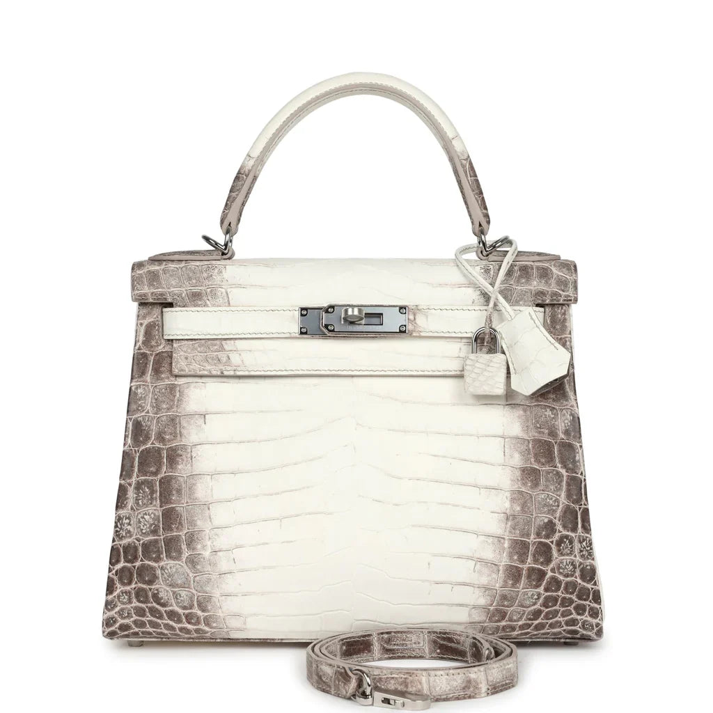 HERMES Kelly 28 Retourne Crocodile Niloticus Himalaya Blanc Palladium Hardware - WATCHXNYC