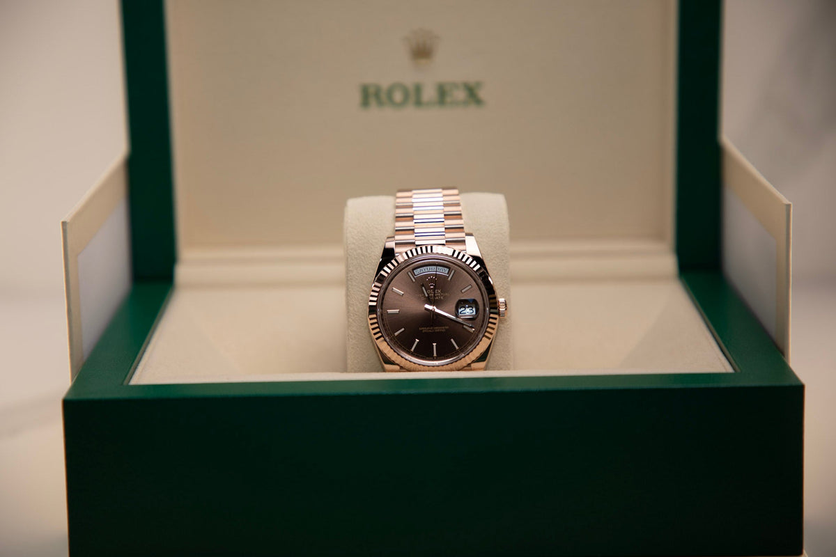 Rolex Oyster 40 mm Chocolate Dial 18 kt Everose Gold President, Semi-Circular Three-Piece Links 228235-0053 - WATCHXNYC