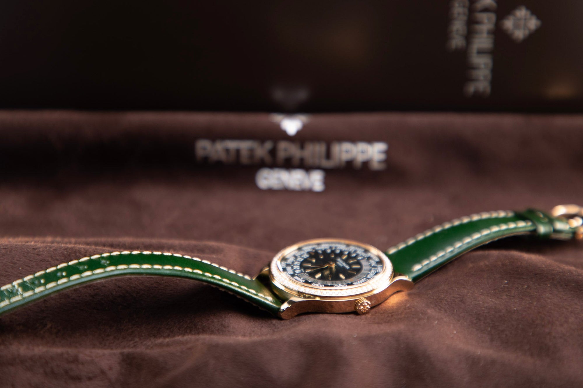 Patek Philippe Complications World Time Olive Green Dial Rose Gold Diamond Case   Green Strap 36 mm 7130R-014 - WATCHXNYC