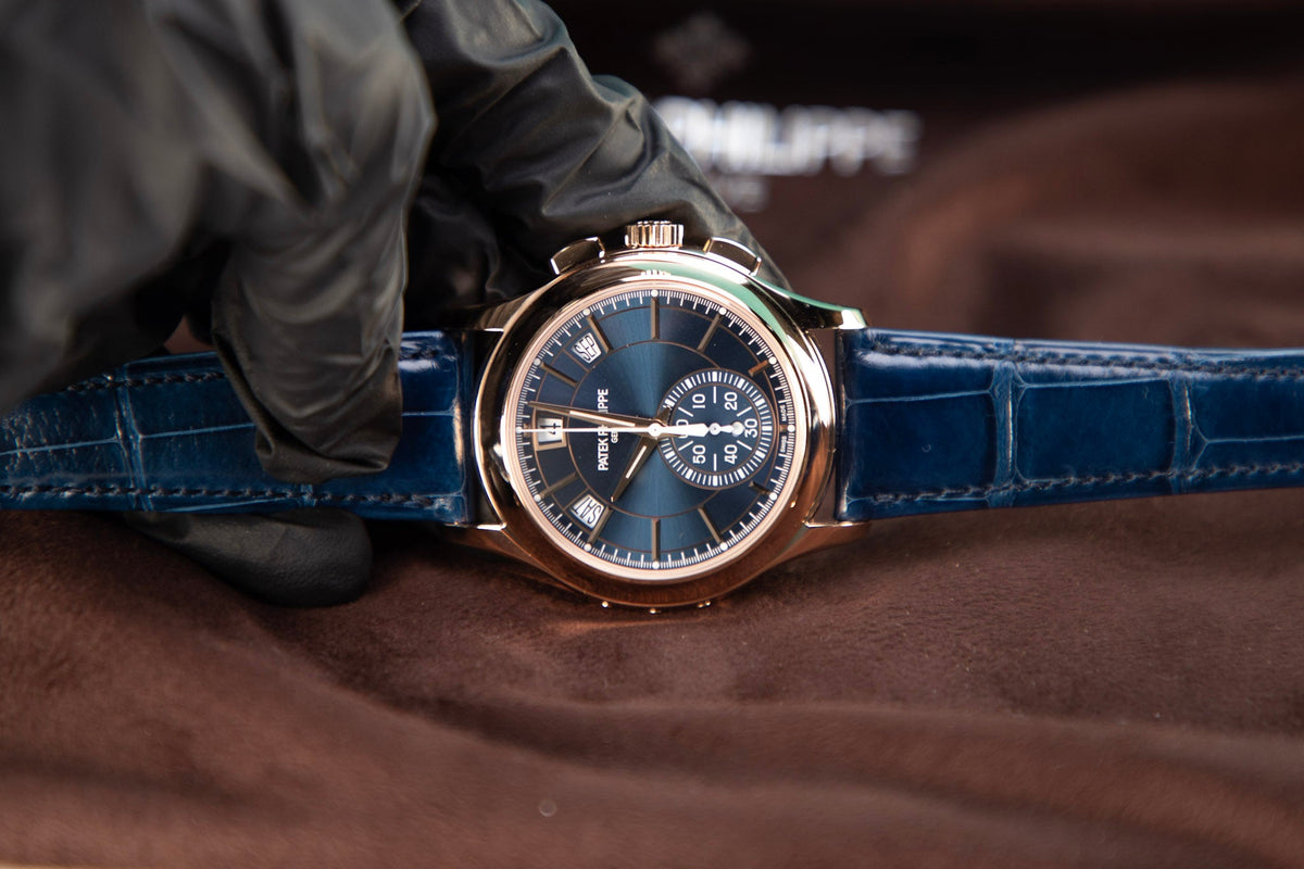 Patek Philippe Complications Flyback Chrono Sunburst Blue Dial Rose Gold Case Blue   Strap 42mm 5905R-010 - WATCHXNYC