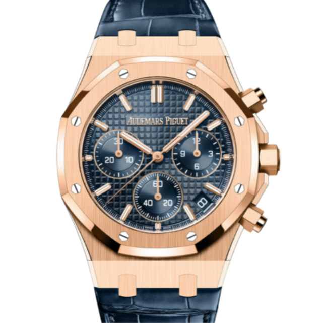 Audemars Piguet Royal Oak 41mm Bleu Nuit Nuage 50 Rose Gold Dial Blue Leather Strap 26240OR.OO.D315CR.01 - WATCHXNYC