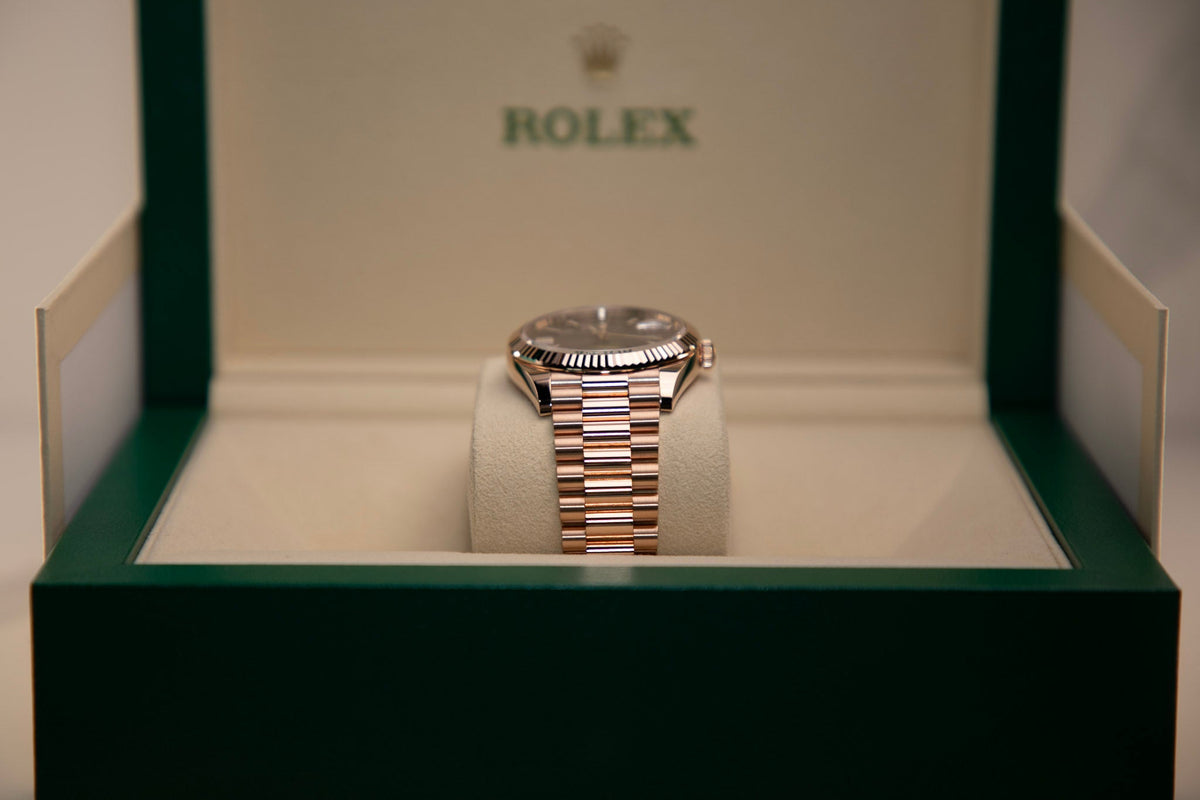 Rolex Oyster 40 mm Chocolate Dial 18 kt Everose Gold President, Semi-Circular Three-Piece Links 228235-0053 - WATCHXNYC