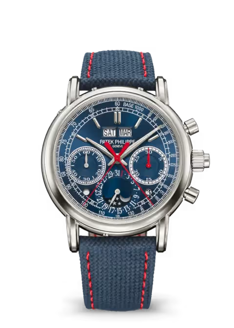Patek Phillippe Grand Complications Chronograph 40mm Navy Blue Dial White gold Fabric Strap 5204G-010 - WATCHXNYC
