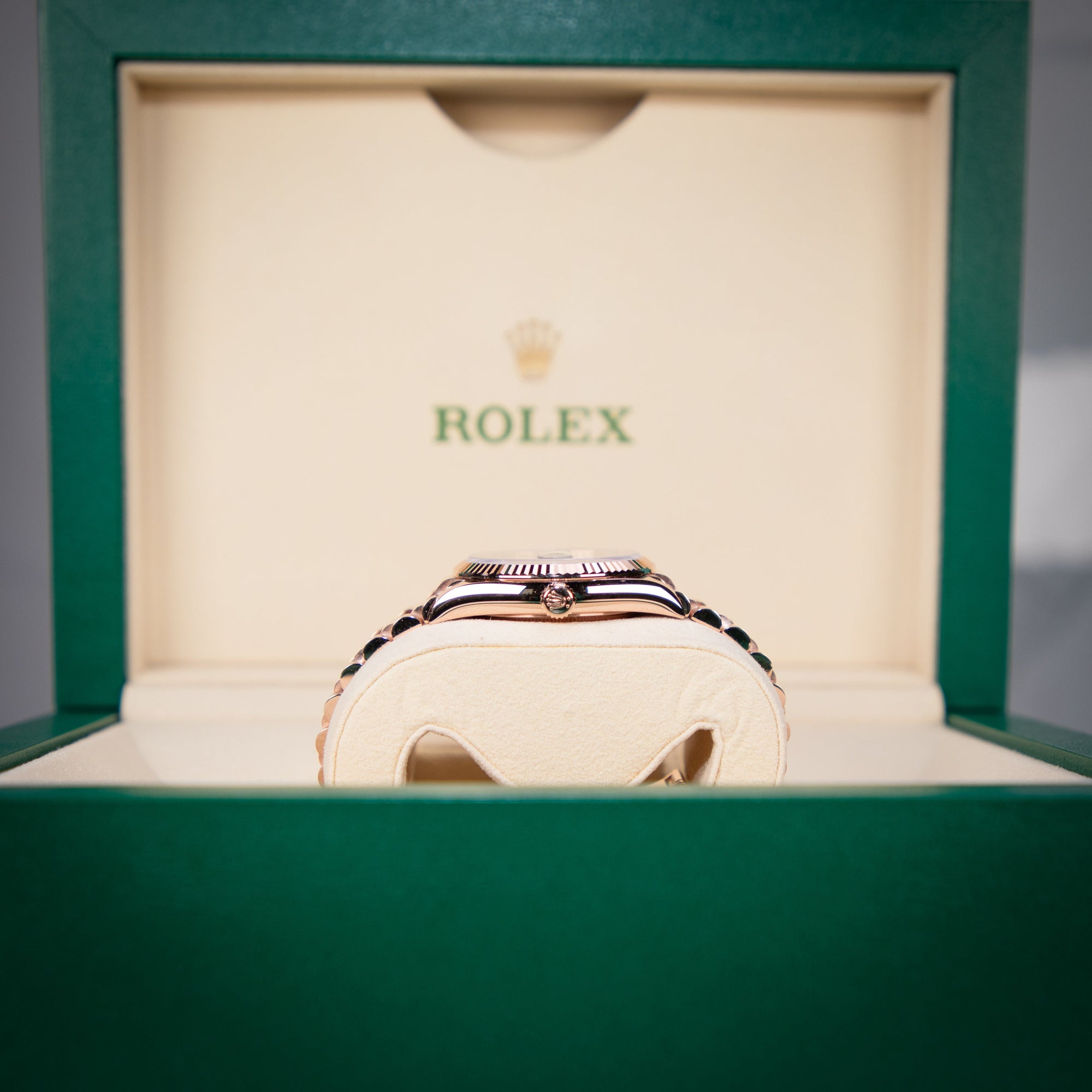 Rolex Day-Date 36mm Olive Green Dial Everose Gold 128235 - WATCHXNYC