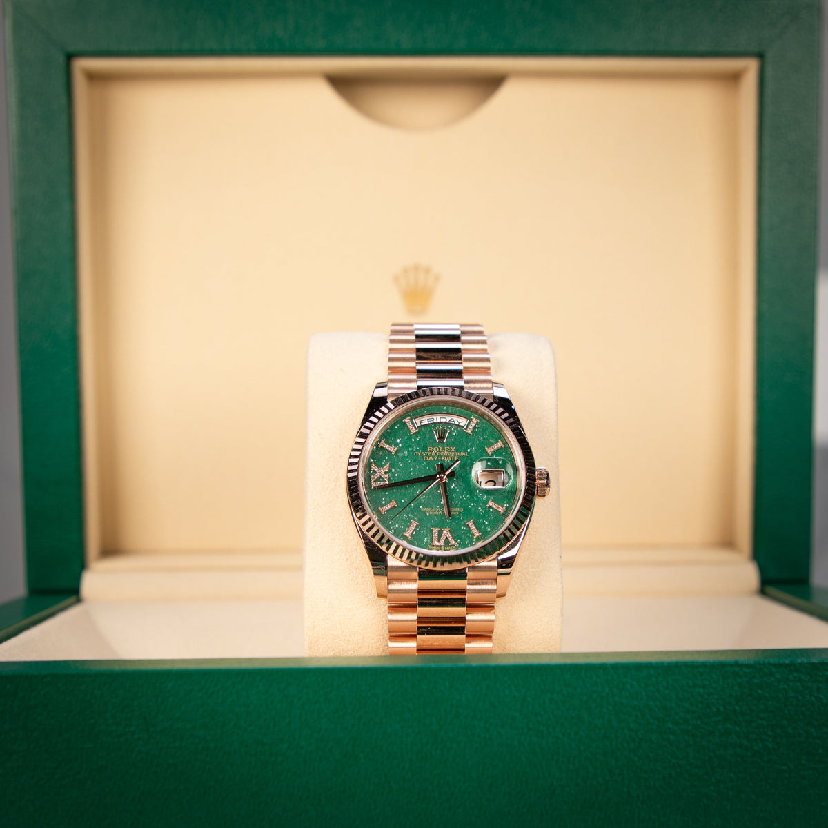 Rolex Day-Date 36mm Olive Green Dial Everose Gold 128235 - WATCHXNYC
