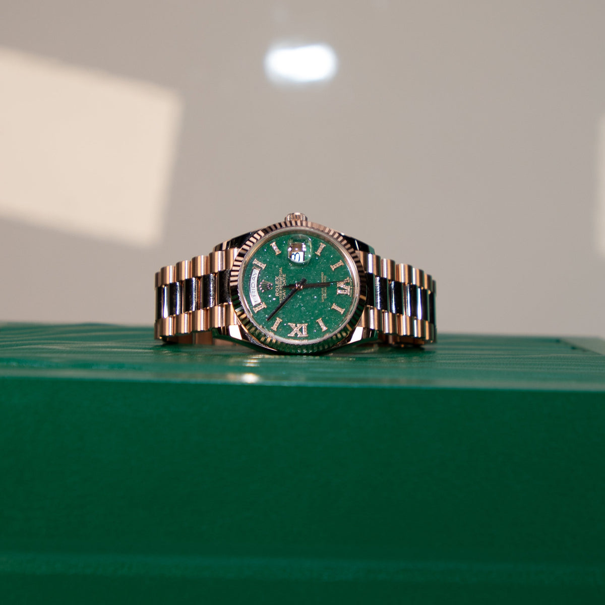 Rolex Day-Date 36 36 mm Green Aventurine Set With Diamonds Dial 18 kt Everose Gold President Bracelet 128235-0068 - WATCHXNYC