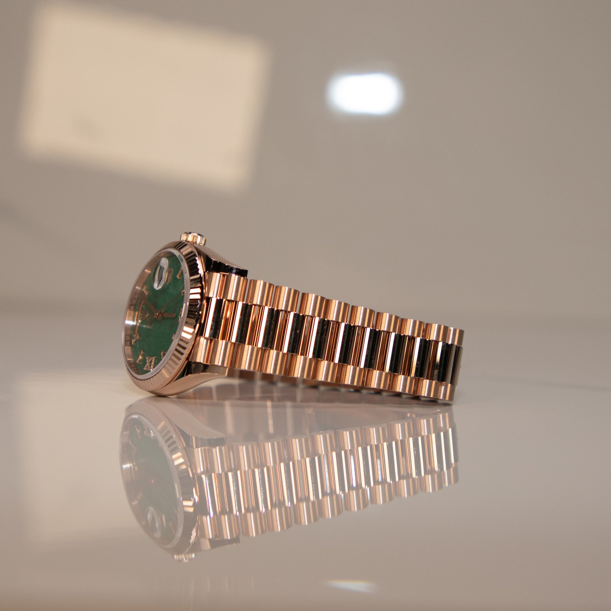 Rolex Day-Date 36 36 mm Green Aventurine Set With Diamonds Dial 18 kt Everose Gold President Bracelet 128235-0068 - WATCHXNYC