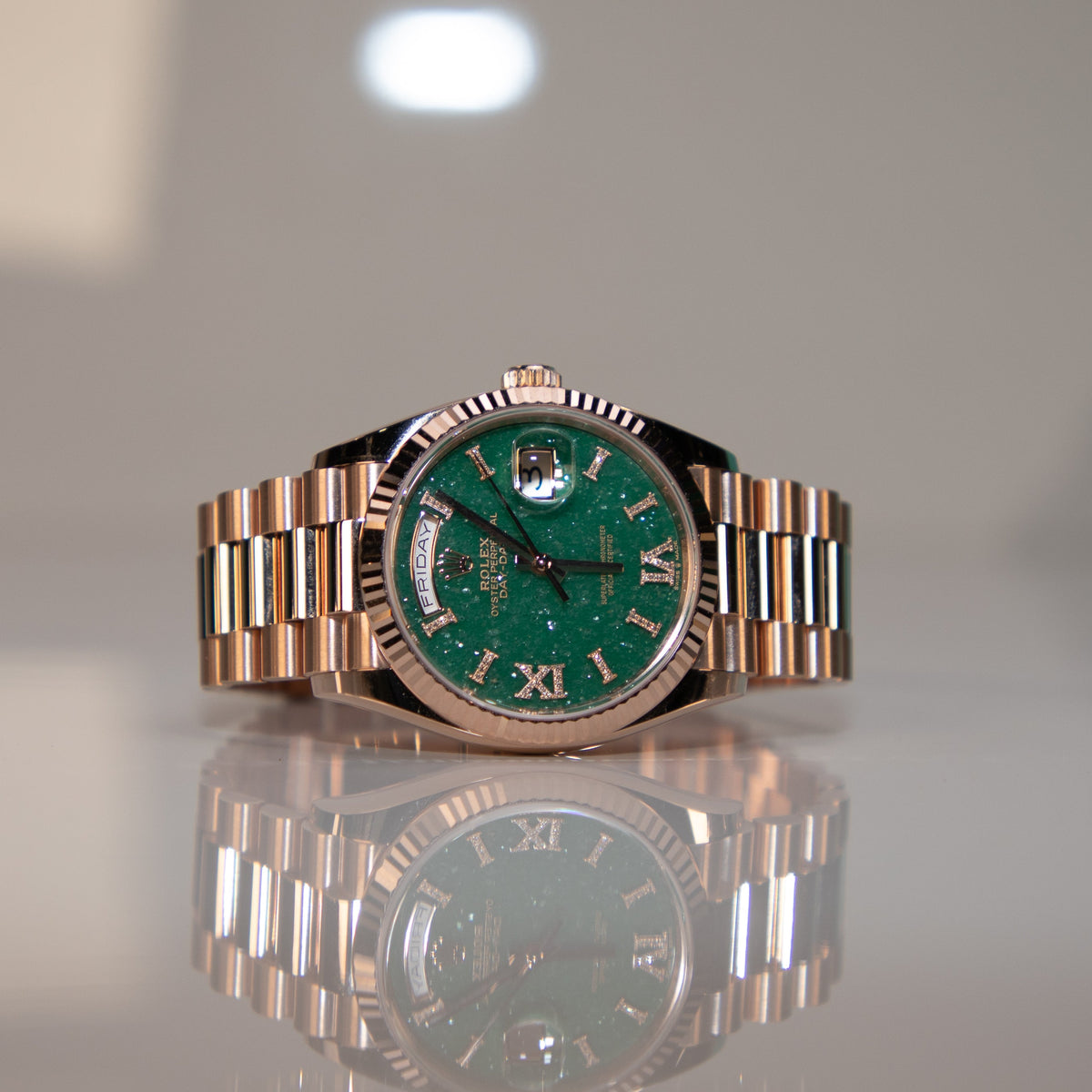 Rolex Day-Date 36 36 mm Green Aventurine Set With Diamonds Dial 18 kt Everose Gold President Bracelet 128235-0068 - WATCHXNYC