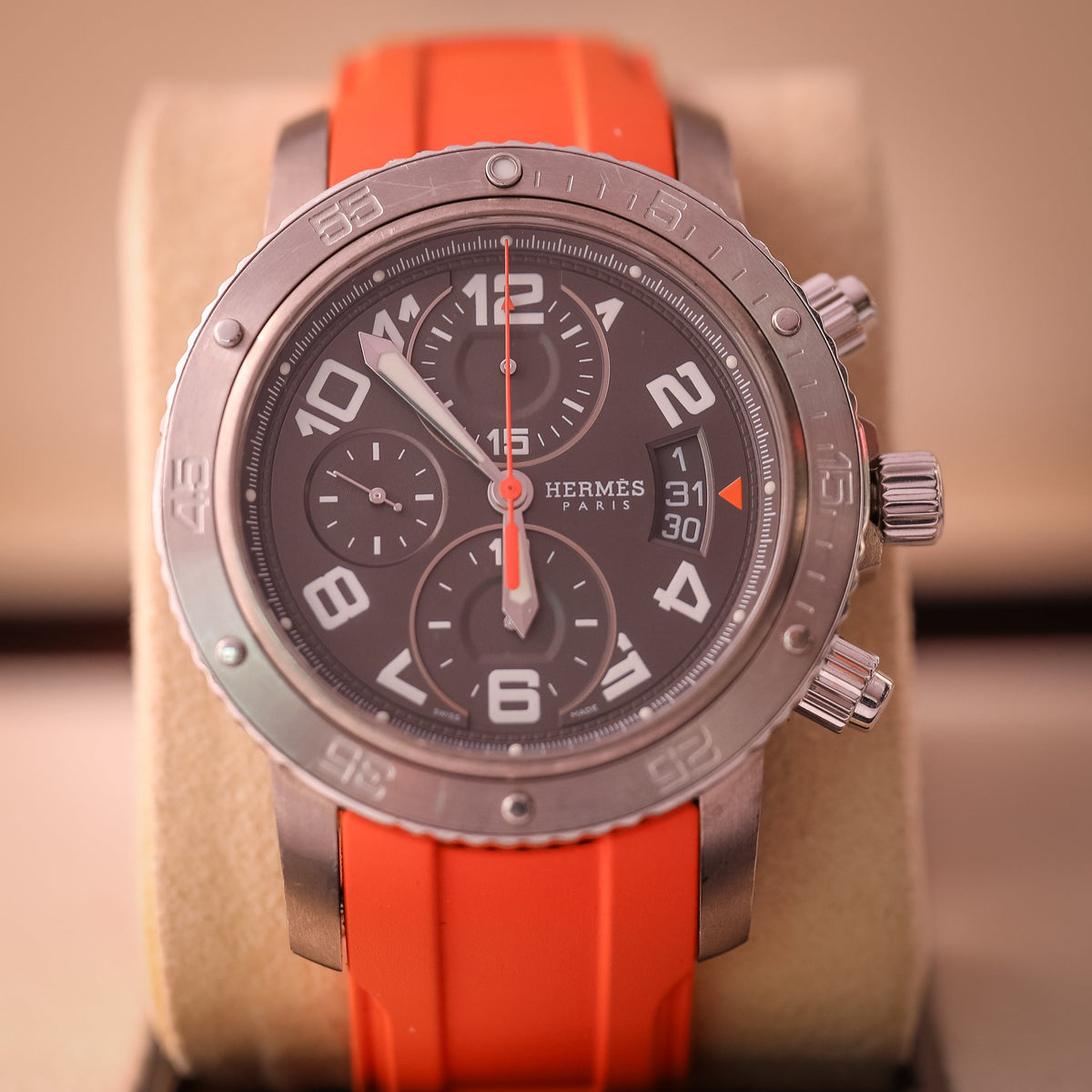 Hermes Clipper Diver Chronograph Grey Automatic Winding 42mm Orange Rubber Bracelet CP.2941 - WATCHXNYC