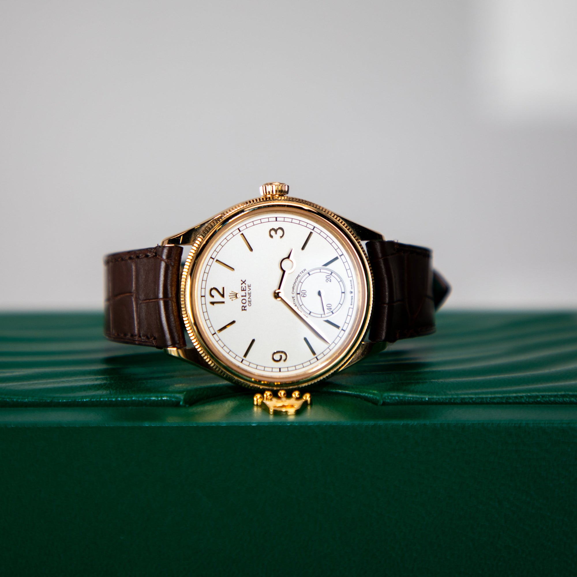 Rolex 1908 39 mm Intense White Dial 18 Kt Yellow Gold Matt Brown   Leather Strap m52508-0006 - WATCHXNYC