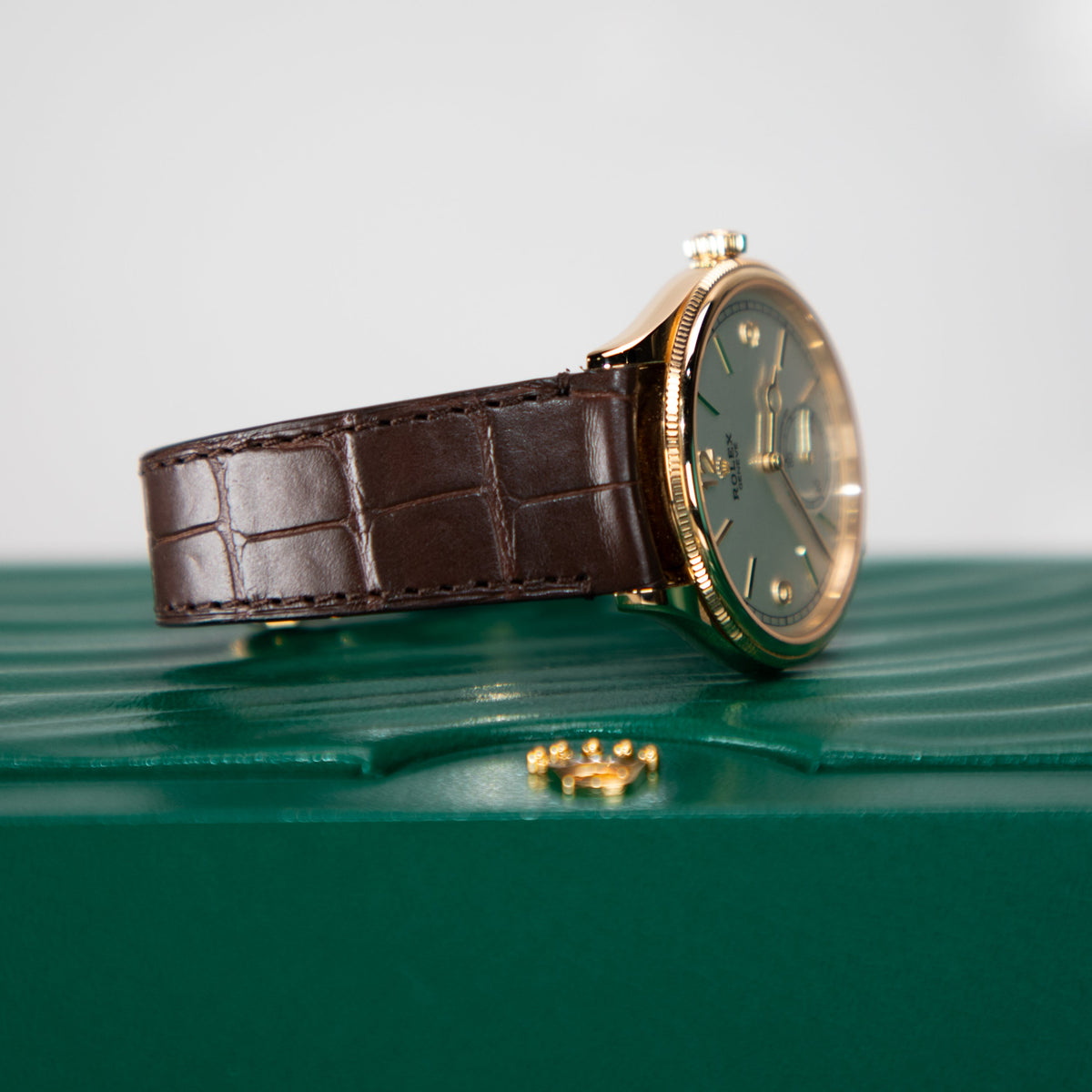 Rolex 1908 39 mm Intense White Dial 18 Kt Yellow Gold Matt Brown   Leather Strap m52508-0006 - WATCHXNYC