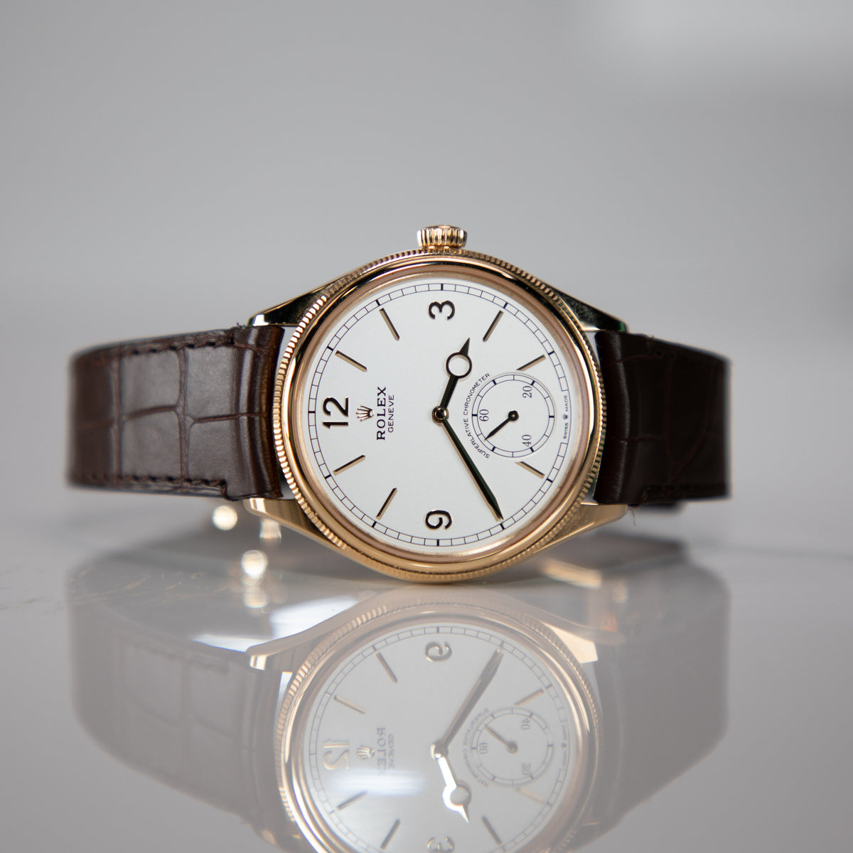 Rolex 1908 39 mm Intense White Dial 18 Kt Yellow Gold Matt Brown   Leather Strap m52508-0006 - WATCHXNYC