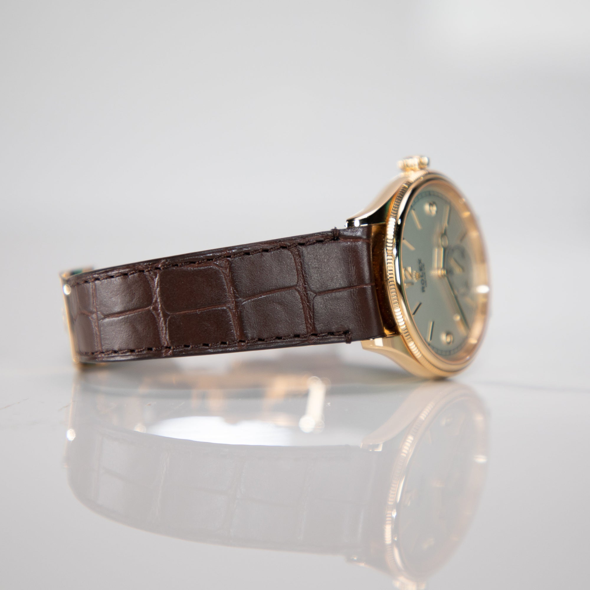 Rolex 1908 39 mm Intense White Dial 18 Kt Yellow Gold Matt Brown   Leather Strap m52508-0006 - WATCHXNYC