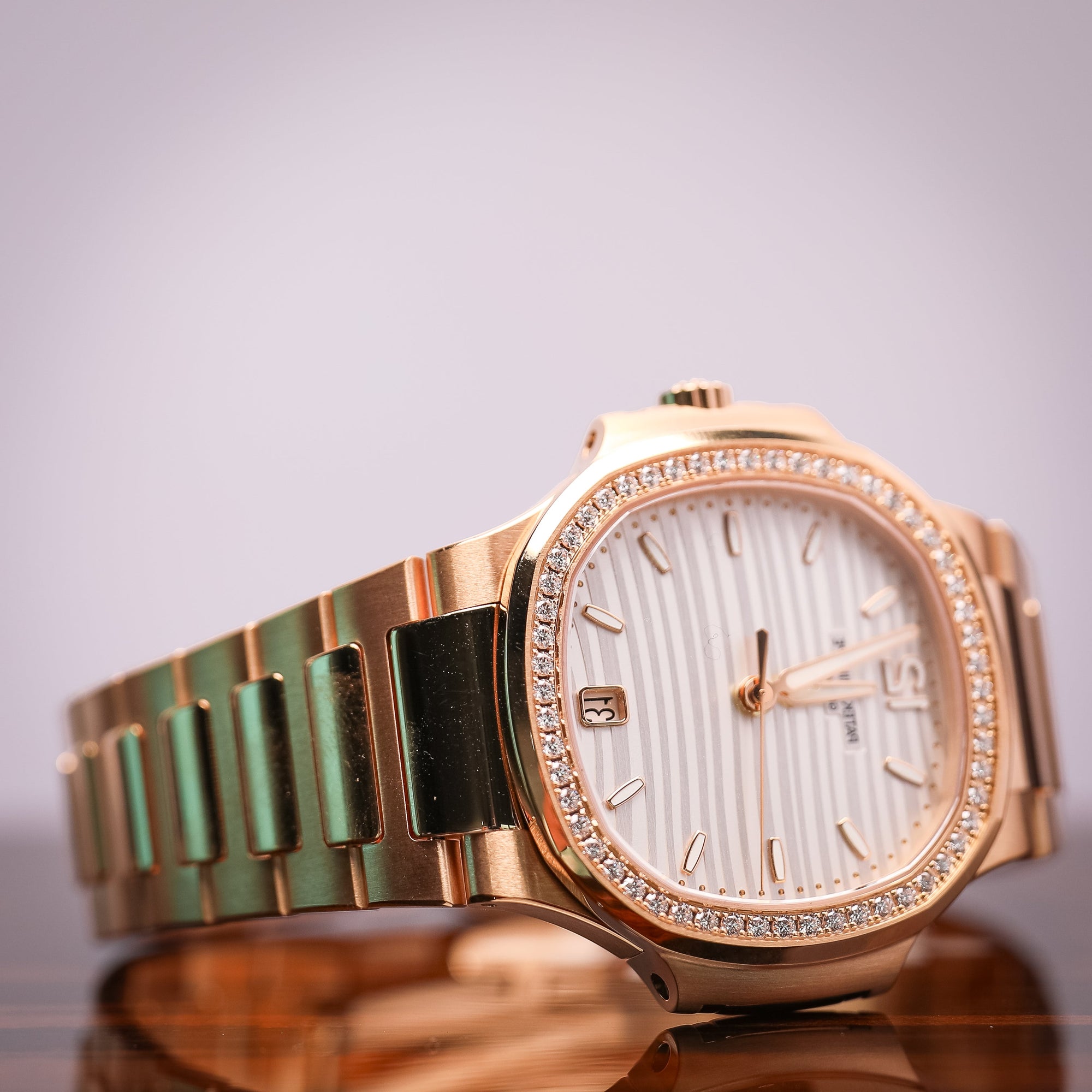 Patek Philippe Nautilus 35.2 mm Silver Dial with Diamonds 18K Rose Gold Bracelet 7118/1200R-001 - WATCHXNYC