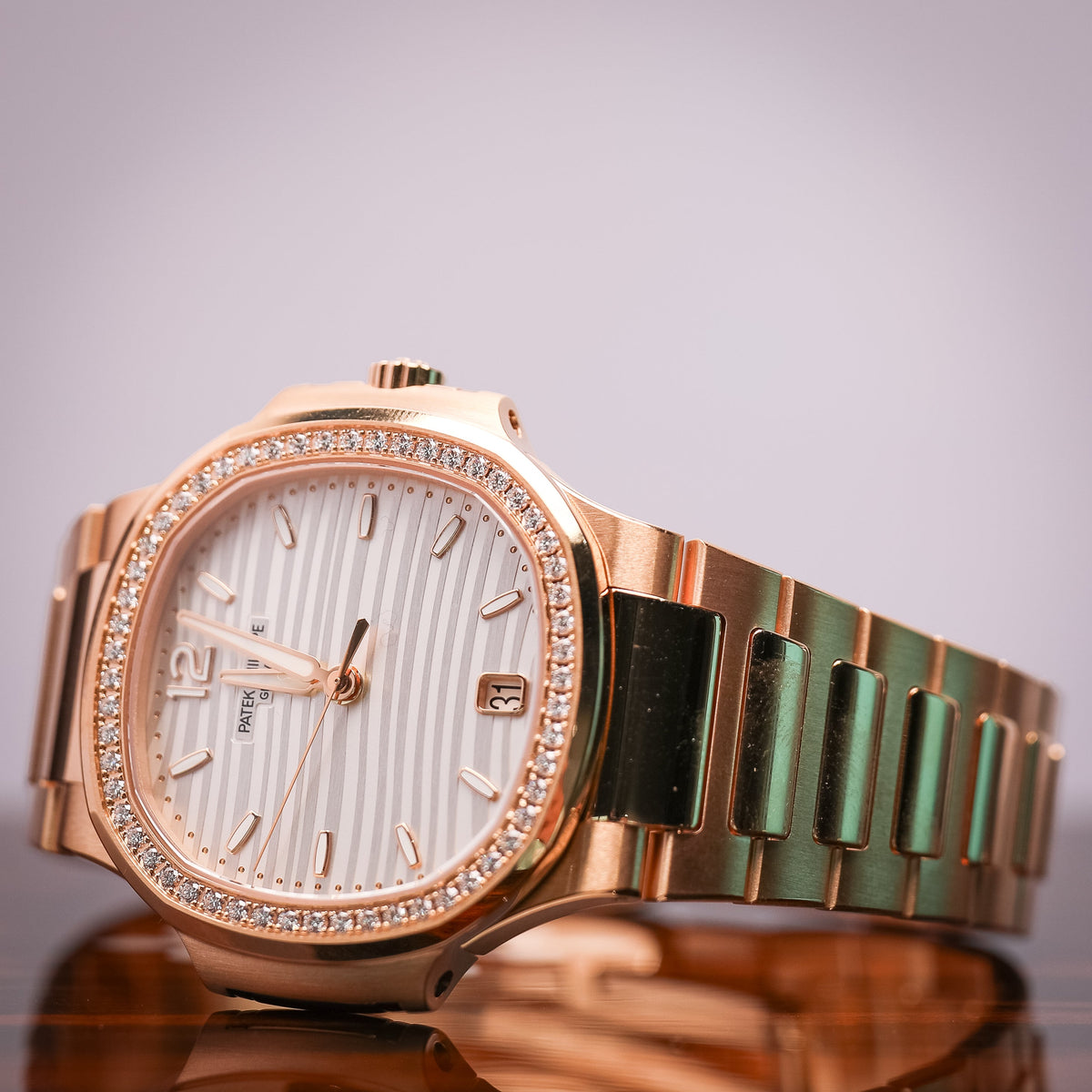 Patek Philippe Nautilus 35.2 mm Silver Dial with Diamonds 18K Rose Gold Bracelet 7118/1200R-001 - WATCHXNYC