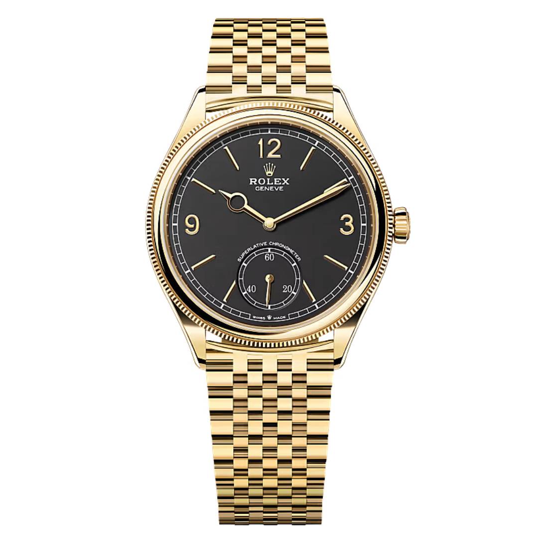 Rolex 1908 39 mm Intense Black Dial 18 Kt Yellow Gold Matt Black Leather m52508-0007 - WATCHXNYC