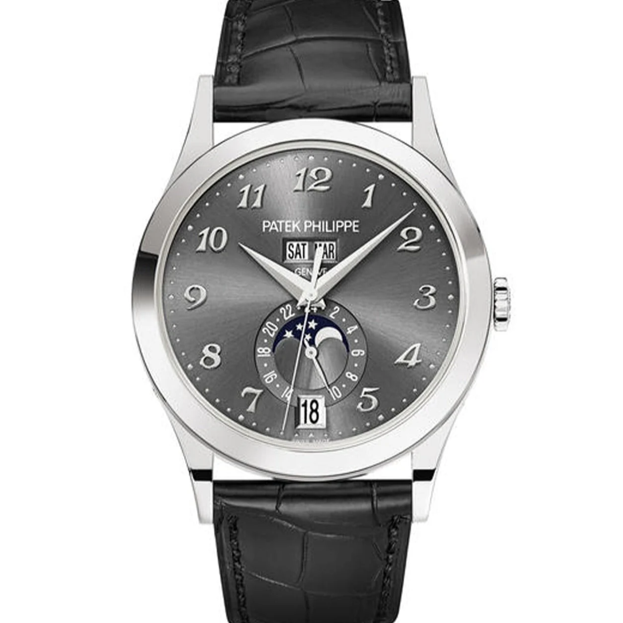 Patek Philippe 5396G-014 Complications 38.5mm Charcoal Gray Sunburst Dial White Gold - WATCHXNYC
