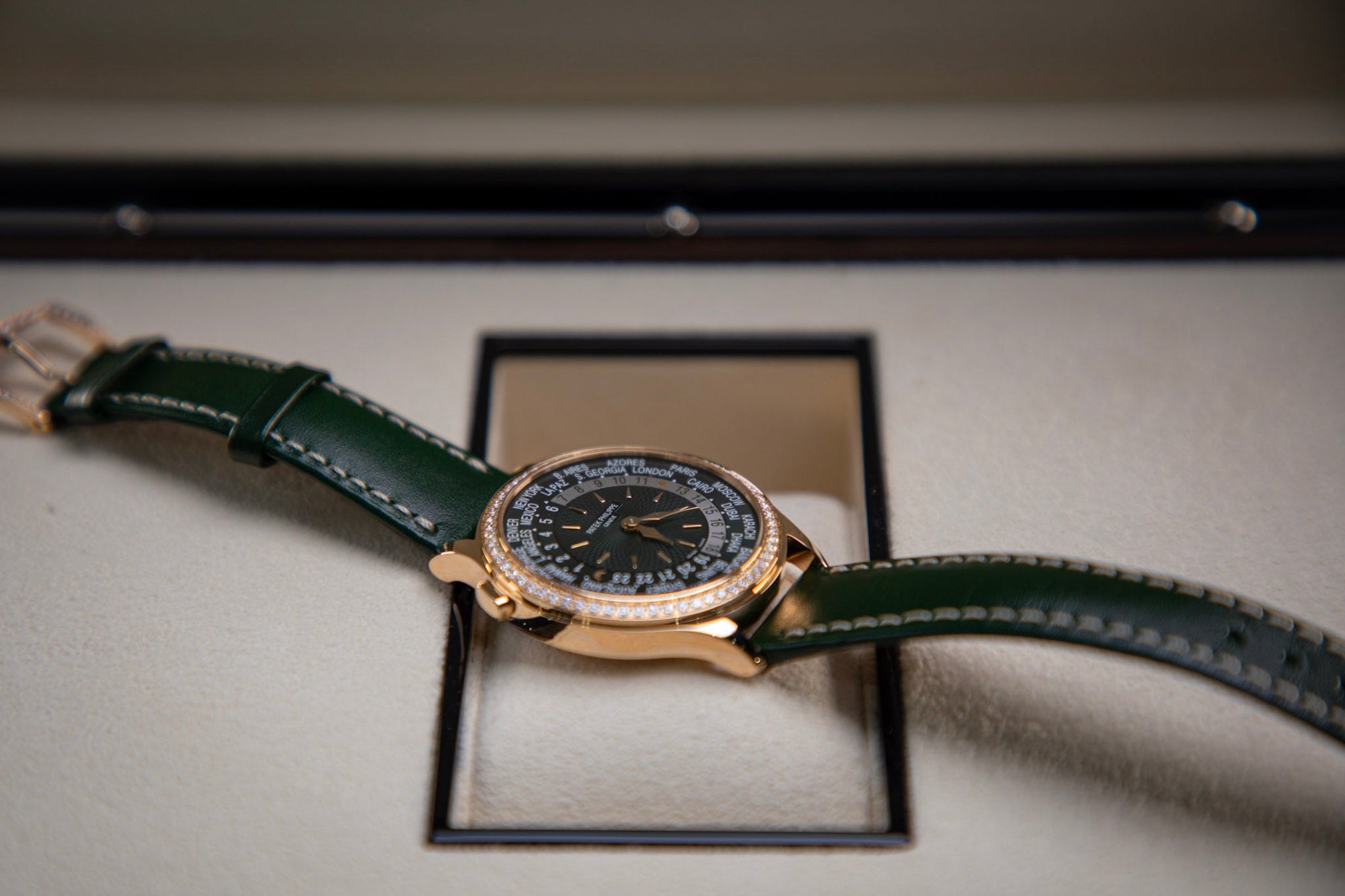Patek Philippe Complications World Time Olive Green Dial Rose Gold Diamond Case   Green Strap 36 mm 7130R-014 - WATCHXNYC