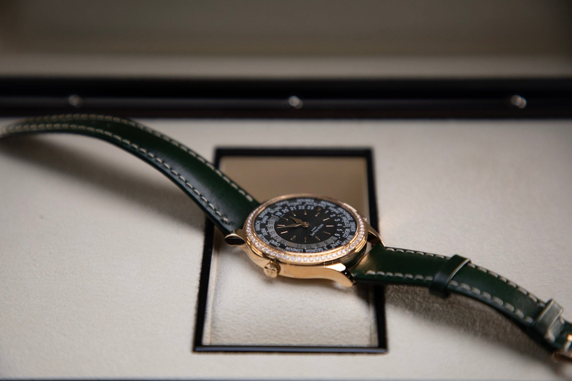 Patek Philippe Complications World Time Olive Green Dial Rose Gold Diamond Case   Green Strap 36 mm 7130R-014 - WATCHXNYC