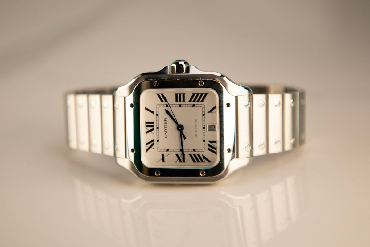 Cartier Santos Large 47.5 mm x 39.8 mm Silver Dial Steel Bracelet WSSA0018 - WATCHXNYC