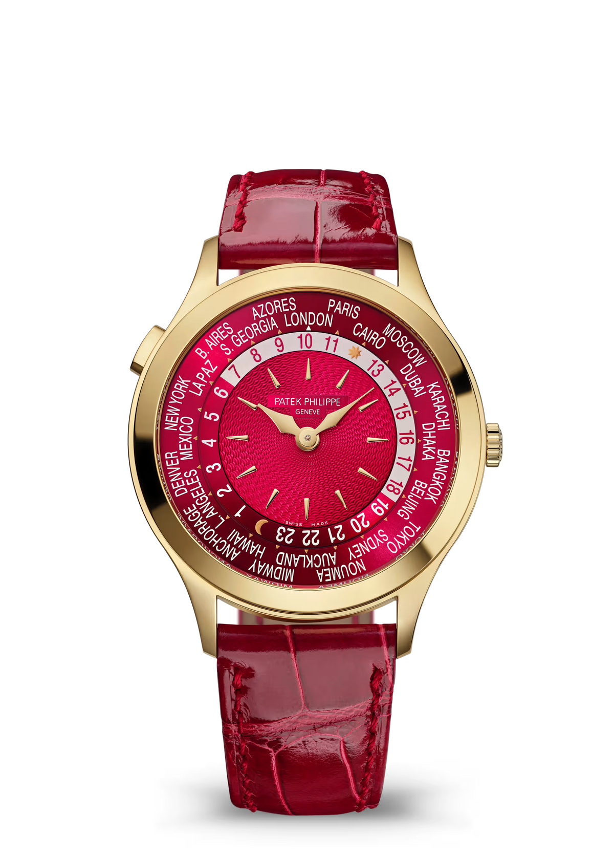 Patek Philippe Complications Red Dial Yellow Gold Leather Strap 36 mm 7129J-001 - WATCHXNYC