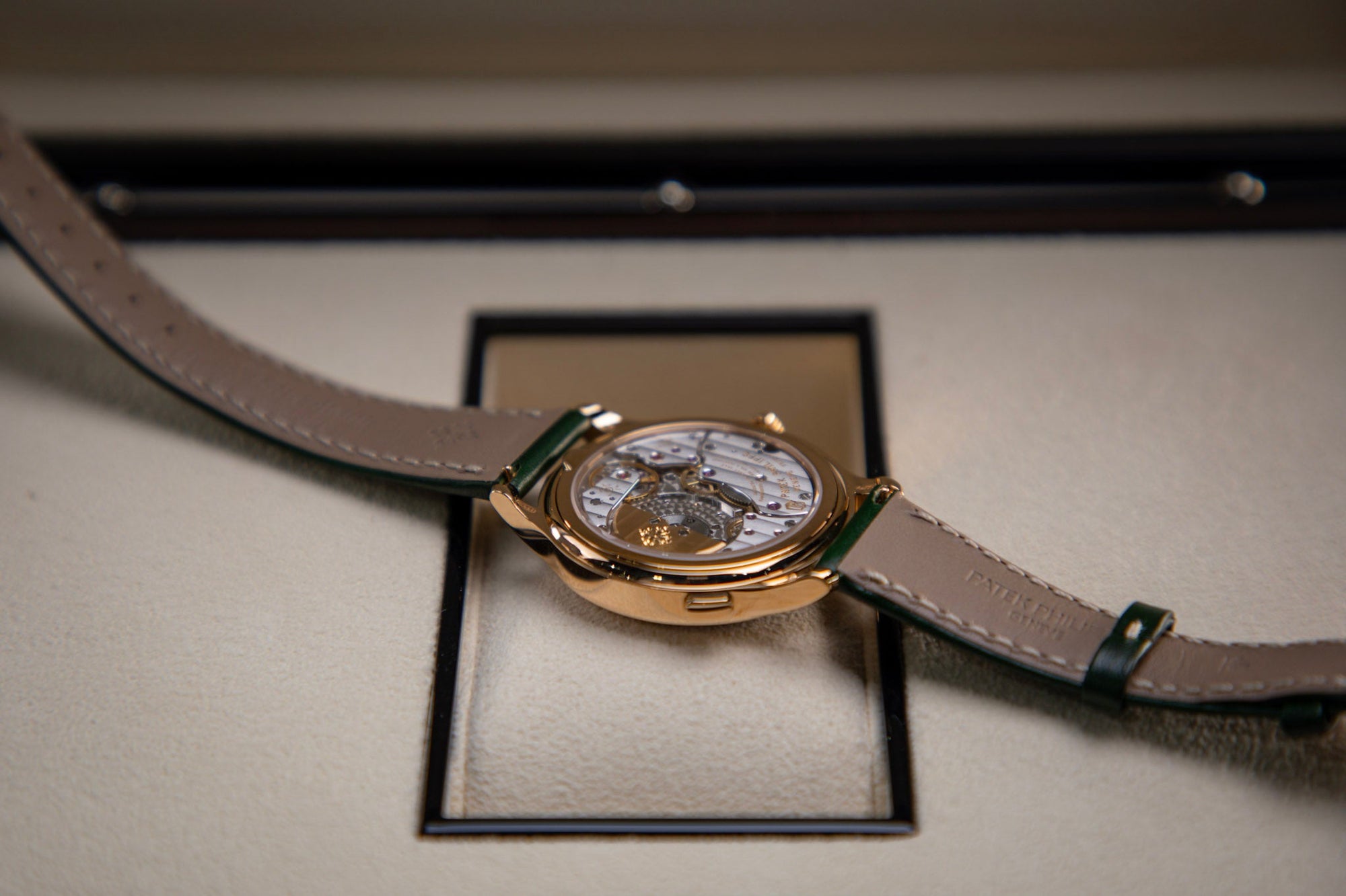 Patek Philippe Complications World Time Olive Green Dial Rose Gold Diamond Case   Green Strap 36 mm 7130R-014 - WATCHXNYC