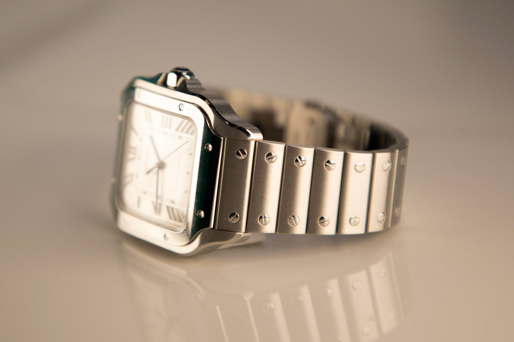 Cartier Santos Large 47.5 mm x 39.8 mm Silver Dial Steel Bracelet WSSA0018 - WATCHXNYC