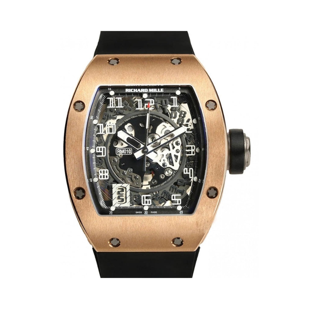 Richard Mille RM010 38 mm x 45 mm Transparent Dial 18k Rose Gold Rubber Strap - WATCHXNYC