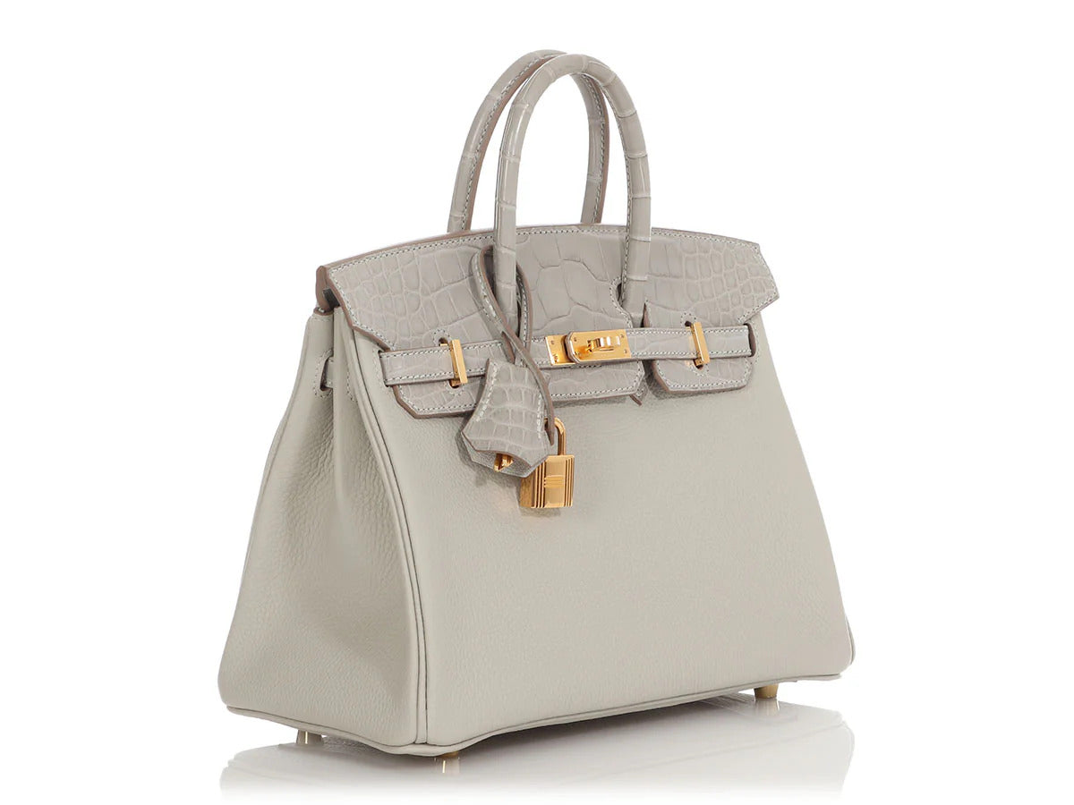 HERMES Birkin 25 Touch Matte Alligator Gris Perle Gold Hardware - WATCHXNYC