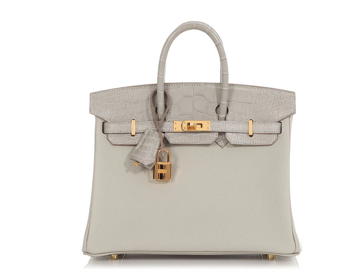 HERMES Birkin 25 Touch Matte Alligator Gris Perle Gold Hardware - WATCHXNYC