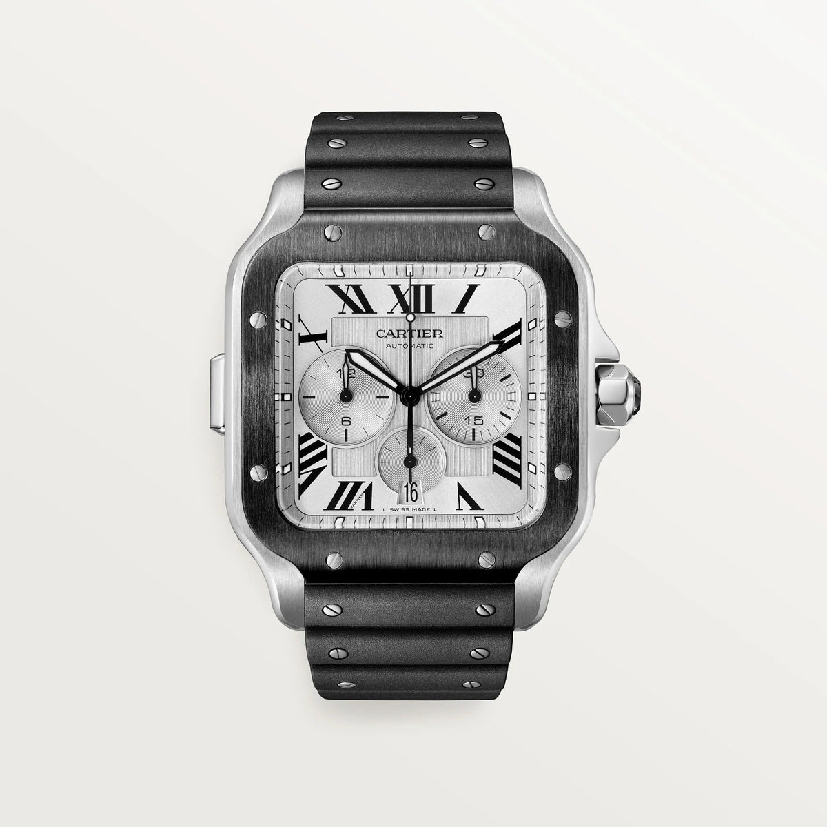 Cartier Santos Extra Large Chronograph 51.3 mm x 43.3 mm Silver Dial Black Bezel WSSA0017 - WATCHXNYC