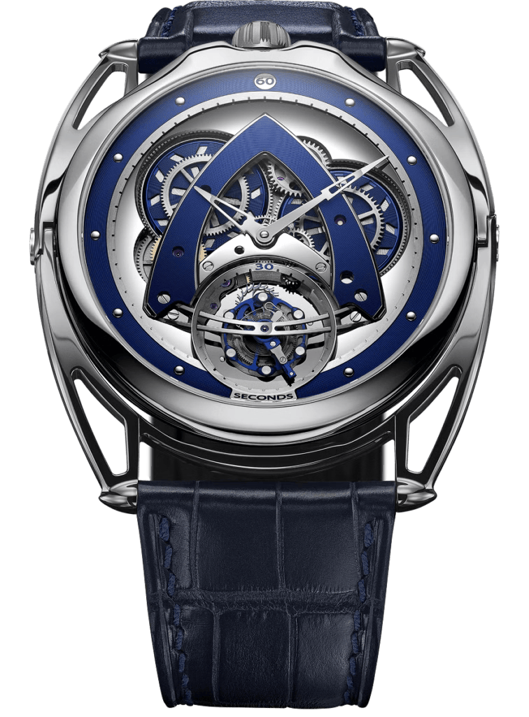 De Bethune DB28XP "Steel Wheels" Tourbillion 43 mm Titanium Blue & Silver Dial Blue Leather Strap DB28XPSWT - WATCHXNYC