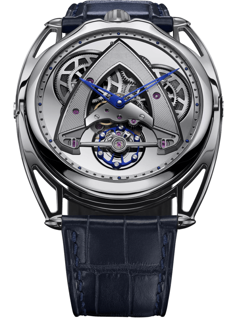 De Bethune DB28XS "Steel Wheels" 38.7 mm Titanium Silver & Gray Dial Blue Leather Strap DB28XSSW - WATCHXNYC