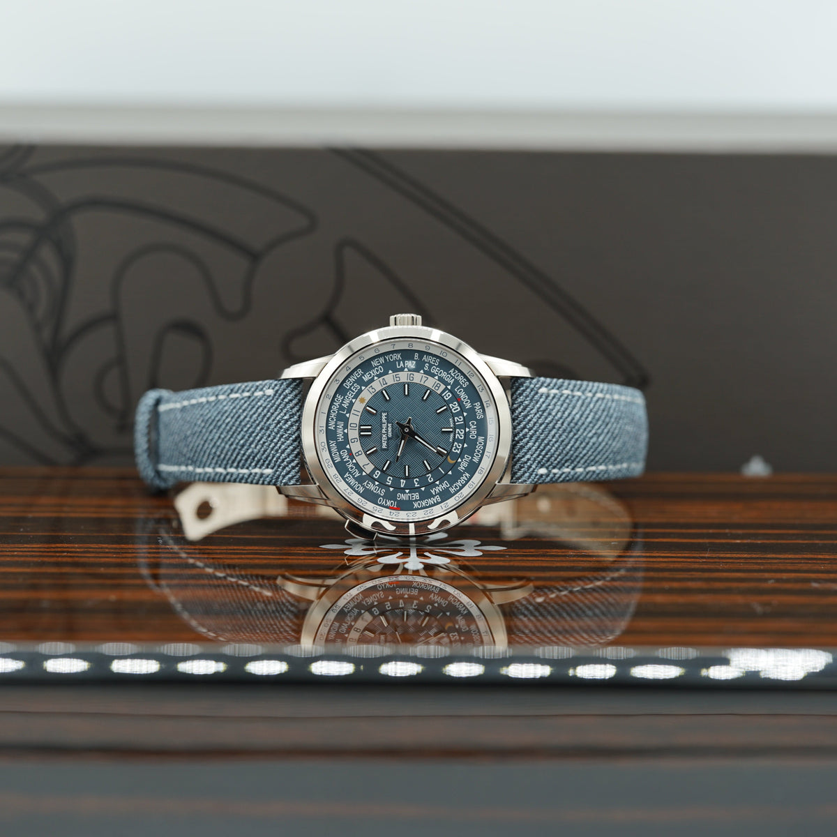 Patek Philippe Complications World Time Carbon Dial   Blue Strap 38.5 mm 5231G-001 - WATCHXNYC