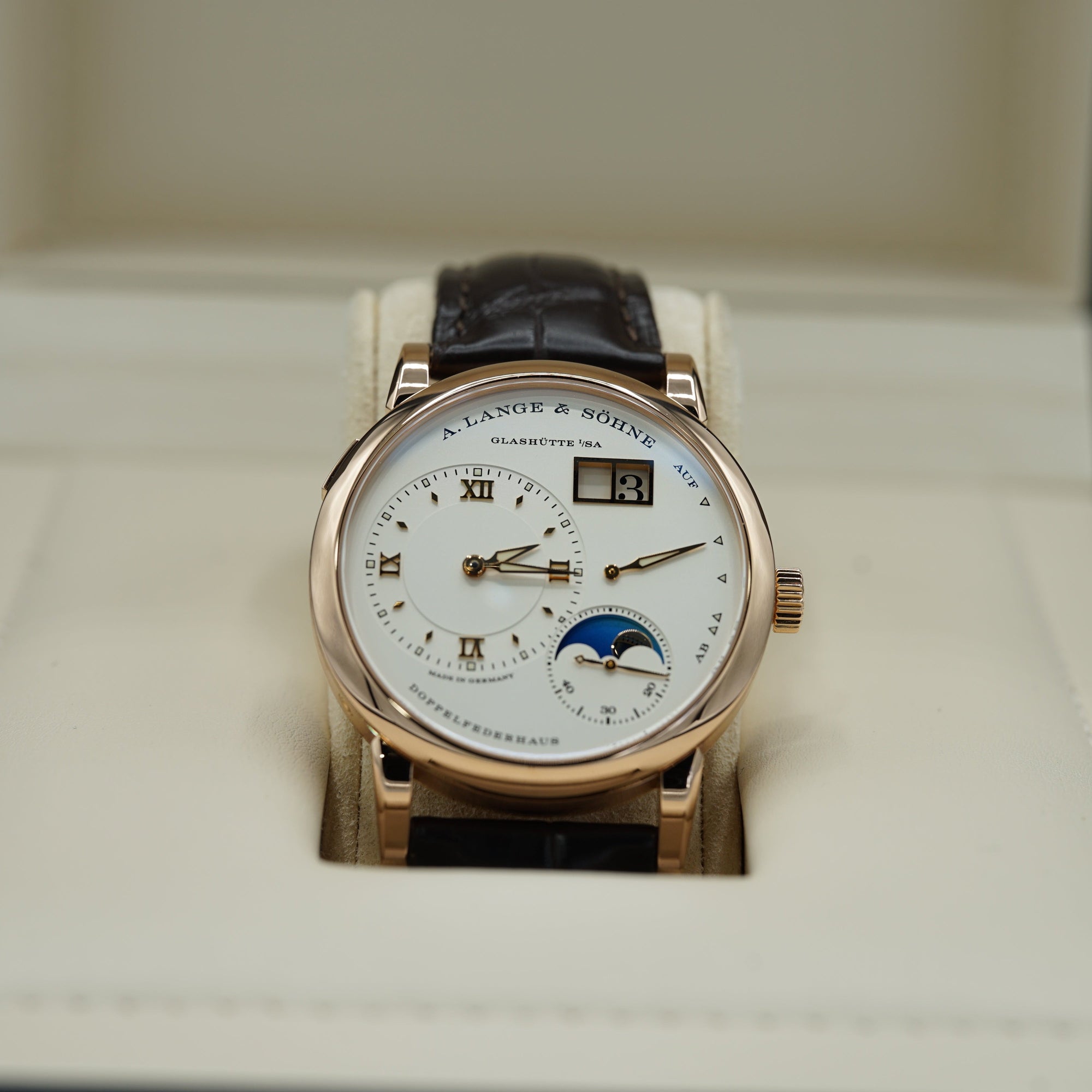 A. Lange & Sohne LANGE 1 MOON PHASE 38.5 mm Silver Dial 18K Pink Gold   Leather Strap 192.032 / LSLS1924AD - WATCHXNYC