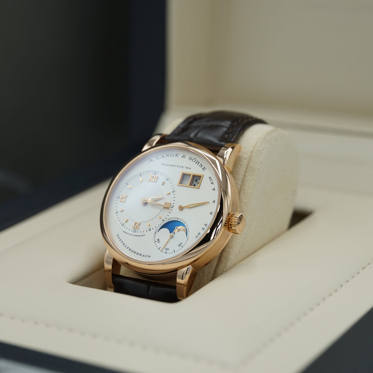 A. Lange & Sohne LANGE 1 MOON PHASE 38.5 mm Silver Dial 18K Pink Gold   Leather Strap 192.032 / LSLS1924AD - WATCHXNYC