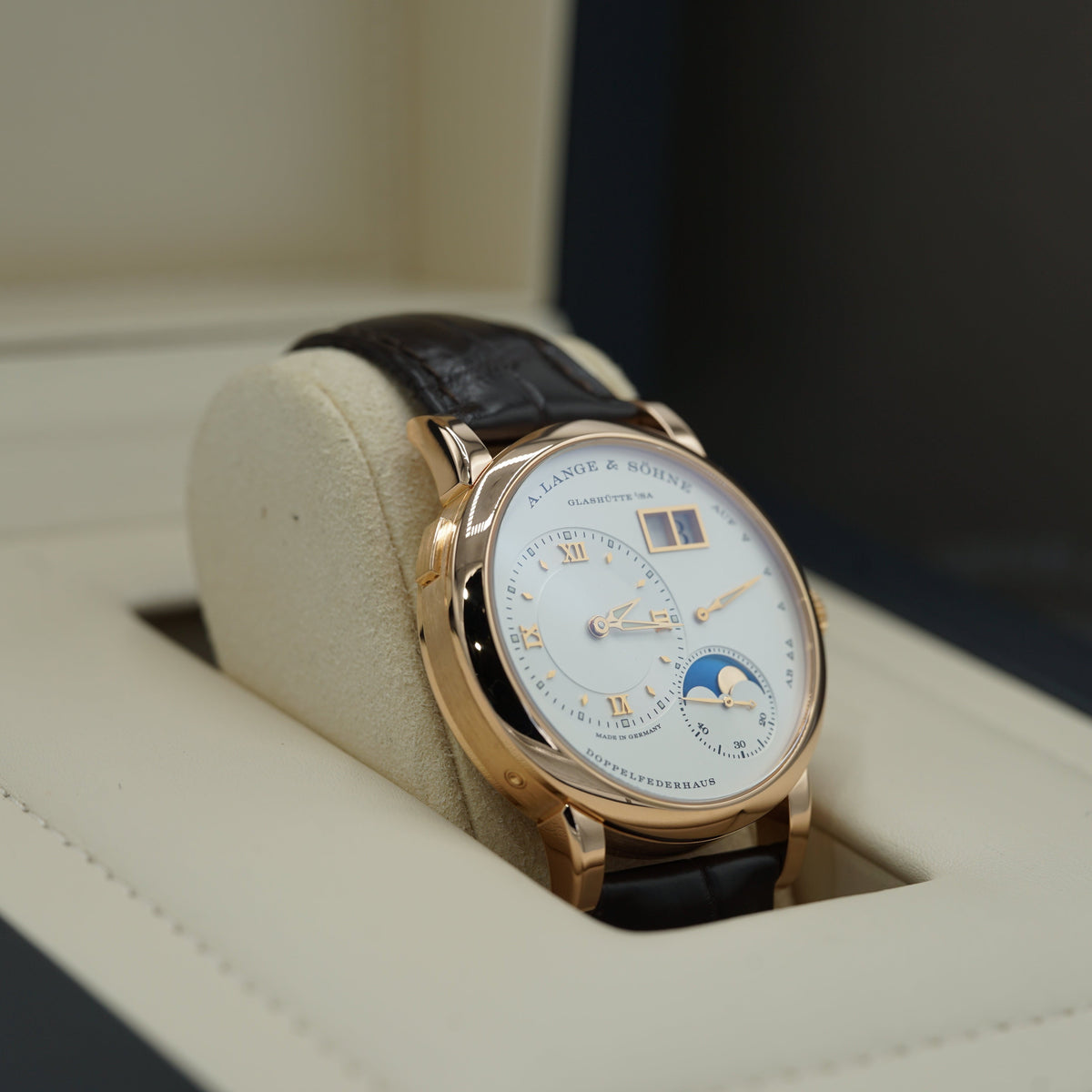 A. Lange & Sohne LANGE 1 MOON PHASE 38.5 mm Silver Dial 18K Pink Gold   Leather Strap 192.032 / LSLS1924AD - WATCHXNYC