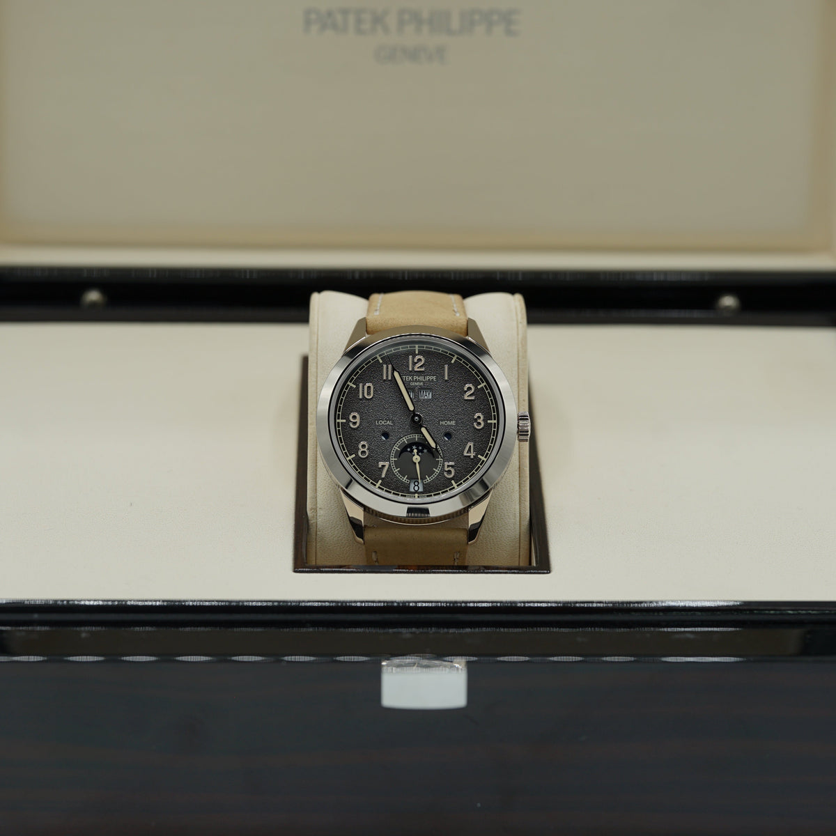 Patek Philippe Complications Travel Time Textured Gray Dial White Gold Case   Beige Strap 41mm 5326G-001 - WATCHXNYC