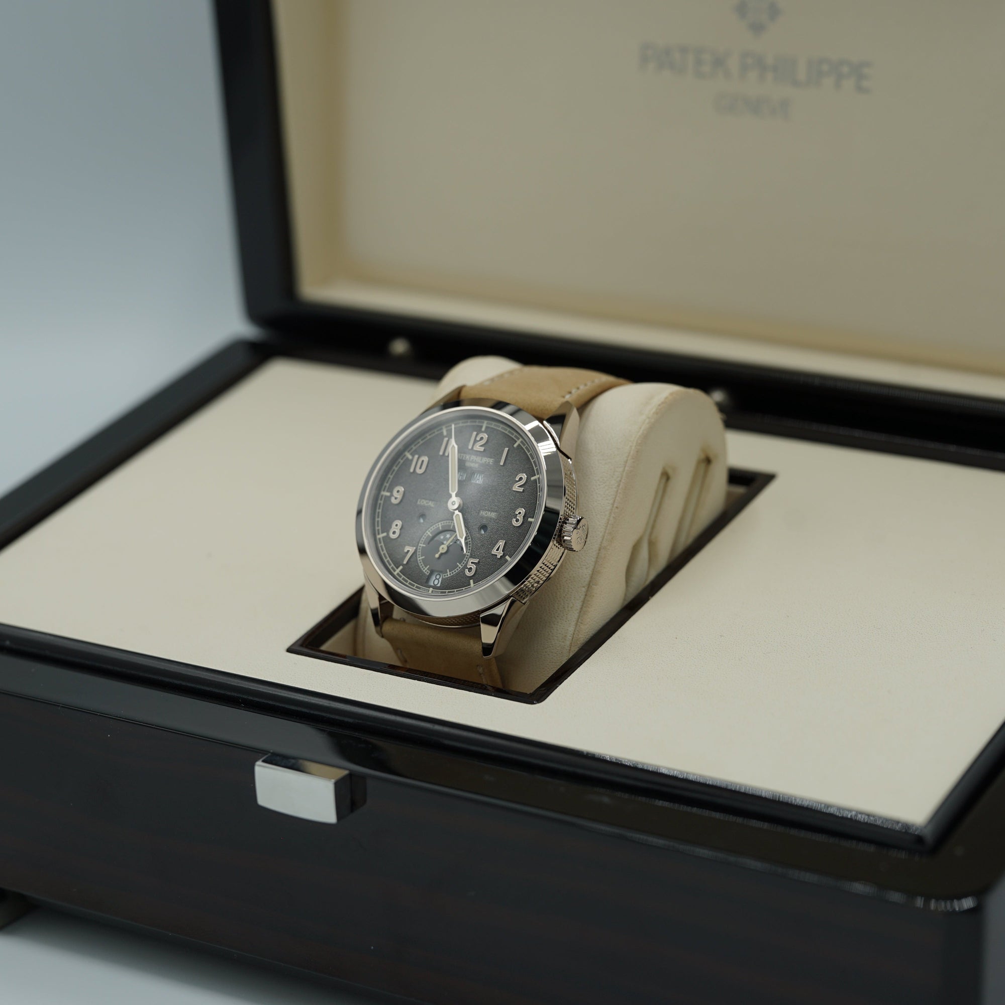 Patek Philippe Complications Travel Time Textured Gray Dial White Gold Case   Beige Strap 41mm 5326G-001 - WATCHXNYC