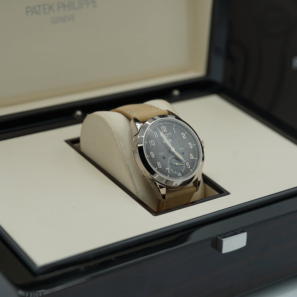 Patek Philippe Complications Travel Time Textured Gray Dial White Gold Case   Beige Strap 41mm 5326G-001 - WATCHXNYC