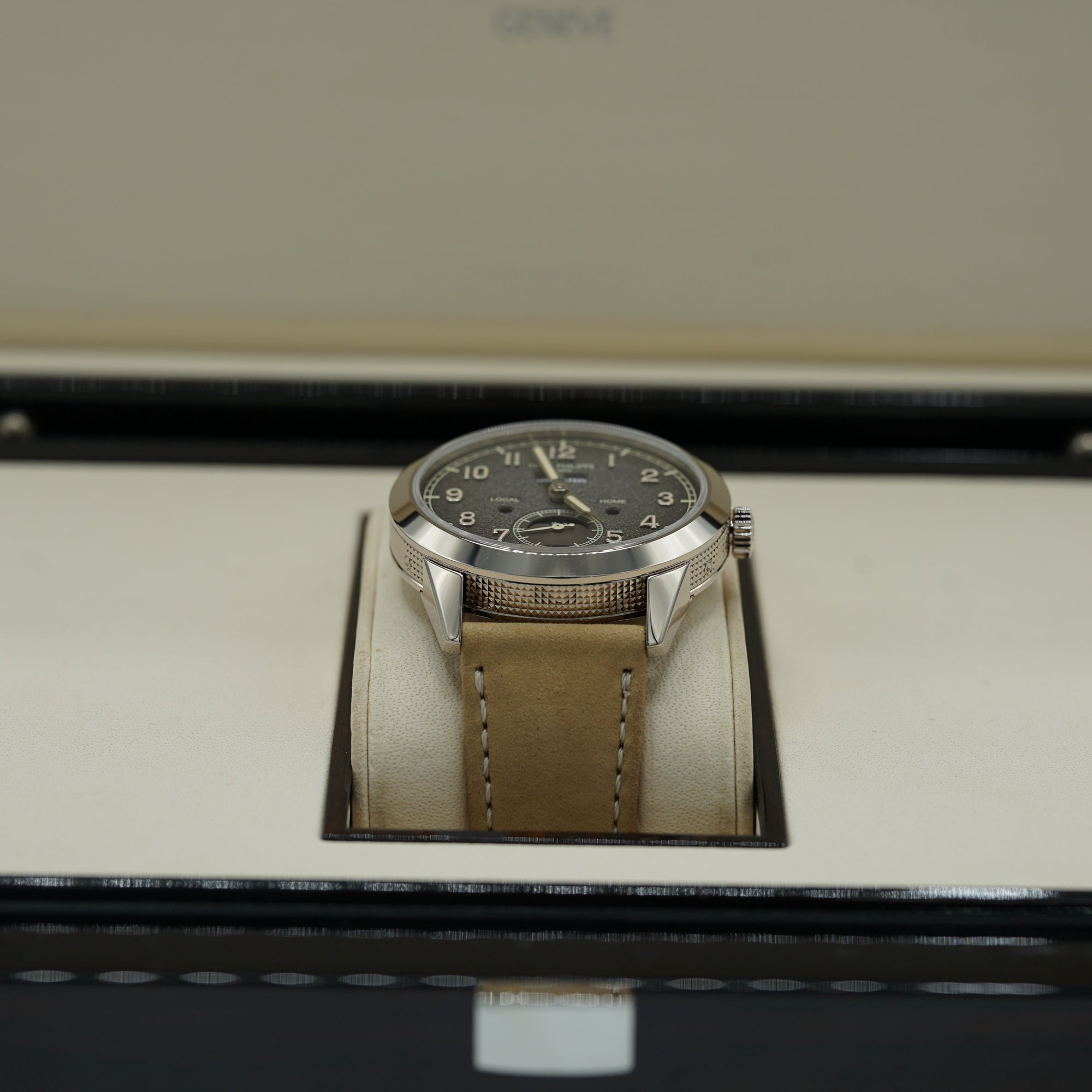 Patek Philippe Complications Travel Time Textured Gray Dial White Gold Case   Beige Strap 41mm 5326G-001 - WATCHXNYC