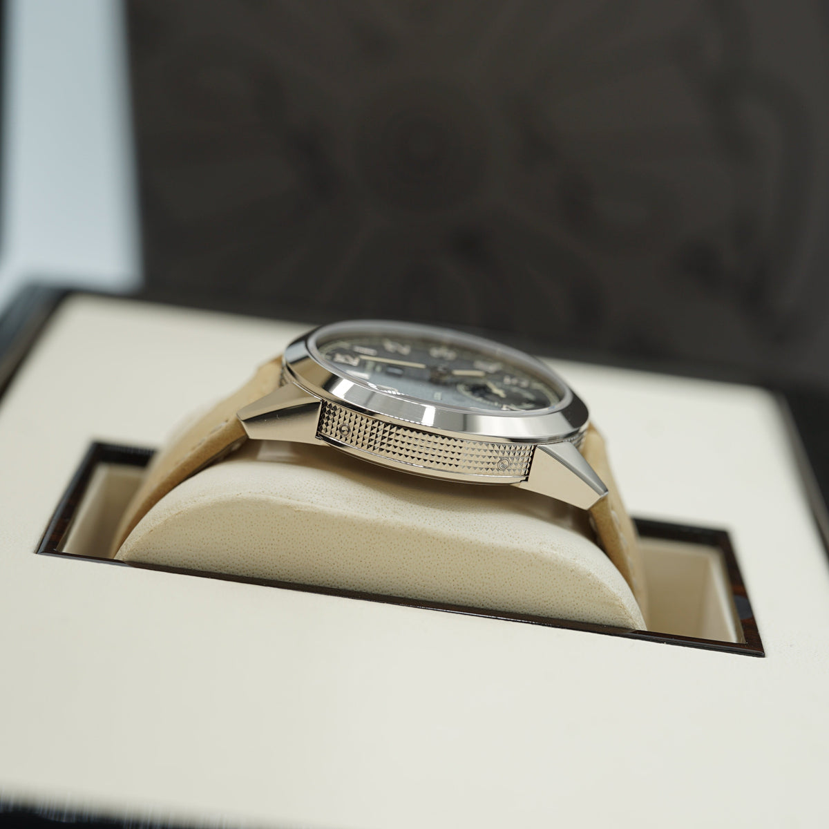 Patek Philippe Complications Travel Time Textured Gray Dial White Gold Case   Beige Strap 41mm 5326G-001 - WATCHXNYC
